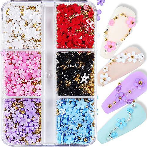 3D Colorful Flower Nail Charms White Pink Blue Purple Red Black Flowers Acrylic Nail Art Decals Charms with Pearls Metal Golden Round Beads for Nail Art DIY Crafting Decal Accessories
