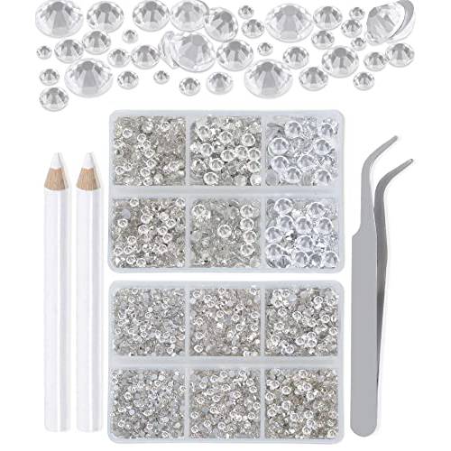 LPBeads 6000 Pieces Clear Non Hotfix Rhinestones 6 Sizes Round Crystal Glass Flat Back Rhinestones with Tweezers and Picking Pen for Nail Art Crafts Clothes Bags DIY