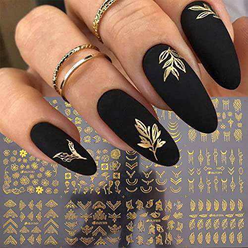 Flowers Nail Art Stickers Decal 3D Self-Adhesive Gold Flower Leaf Lace Nail Supplies Flower Nail Stickers Geometry Line Nail Designs for Women Girls Nail Art Decorations(Gold), BL-001MJ