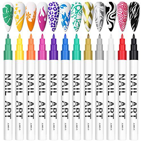 12 Color 3D Nail Art Pens Set, Kalolary Nail Point Graffiti Dotting Pen Drawing Painting Liner Brush for Valentine’s Day DIY Nail Art Beauty Adorn Manicure Tools for (A)