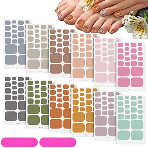 264 Pieces 12 Sheets Toenail Polish Stickers Strips Full Toe Nail Wraps Adhesive Toe Nail Wraps DIY Solid Color Toe Nails Manicure Decal with 2 Pieces Nail Files for Women Girls Nail (Warm Colors)