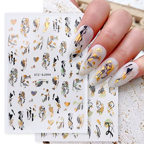8 Sheets Gold Nail Art Stickers, Graffiti Fun Nail Foil Decals 3D Self-Adhesive Luxury Laser Leopard Print Black Gold Botanical Abstract Line Nail Design for Women Girls Manicure Tips Nail Decoration