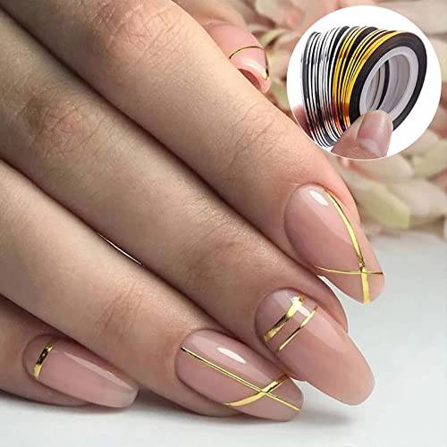 20 Pcs Glitter Gold Silver Nail Art Stripping Tape Line Shiny Matte Nail Art Decoration Strips Self Adhesive Decals Strips DIY Nail 3D Tips Manicure Tools Rolls (1mm)