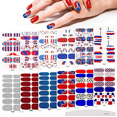 12 Sheets 4th of July Nail Wraps Patriotic American Flag Nail Polish Strips Independence Day Nail Strip Self-Adhesive Nail Stickers with Nail Buffer File for Memorial Day (Vivid)