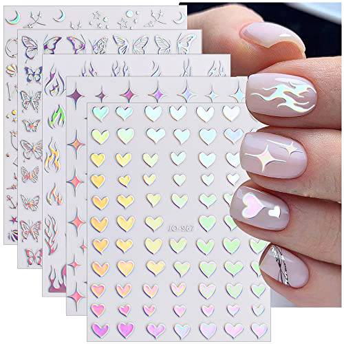 Dornail 8 Sheets Aurora Nail Stickers 3D Holographic Laser Heart Star Moon Flame Flower Butterfly Nail Decals Self Adhesive Nail Art Stickers DIY Nail Design Nail Art Decoration