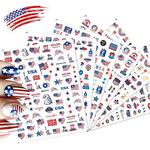 4th of July Nail Art Stickers, American Flag Patriotic Independence Day Nail Decals, 3D Self-Adhesive USA Flags Heart Star Nail Design I Love America for Memorial Day DIY Nail Decoration