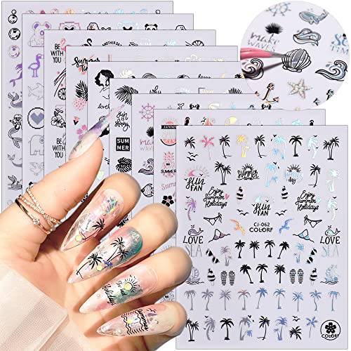 9 Sheets Summer Nail Stickers for Nail Art - Black Laser Summer Beach Nail Art Decorations 3D Self-Adhesive Palms Leaves Coconut Trees Ocean Animals Mermaid Nail Decals for Women Girls Manicure DIY