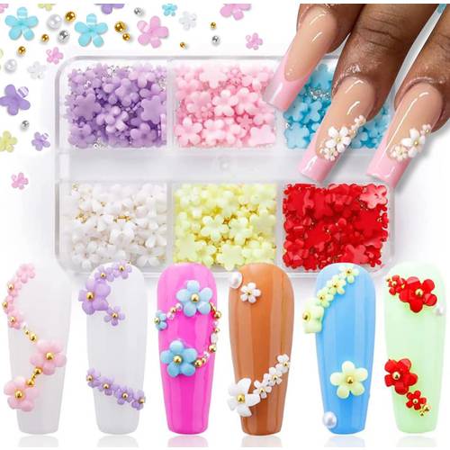 3D Flower Nail Charms, 6 Grids Acrylic Flower for Nails Art Decals Charms with White Gold Pearl Blossom Caviar Beads Flores, Nail Art Design for DIY Jewelry Craft Decorations Manicure Accessories