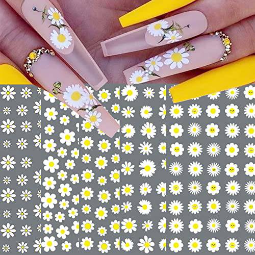 Flower Nail Stickers, Daisy Nail Decals 3D Self -Adhesive Yellow White Sunflower Summer Nail Design DIY Nail Decoration for Women Girls(6Sheets)