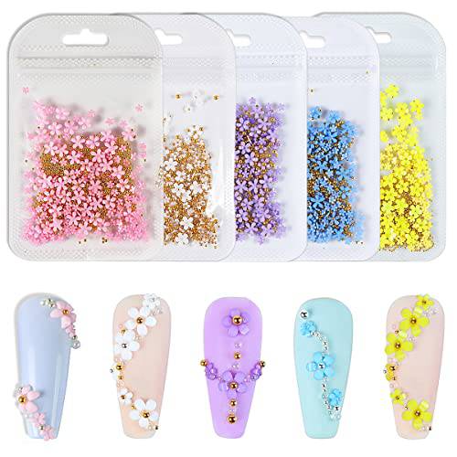 5 Pack 3D Flowers Nail Art Charm Rhinestones for Acrylic Nail Decorations Golden Beads Nail Art Design DIY Accessories for Girls Women