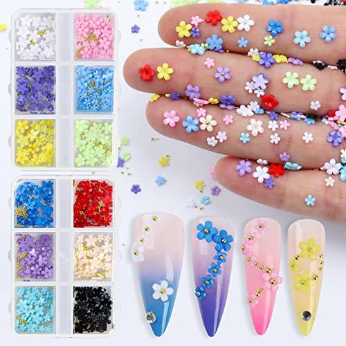 2 Boxes 3D Flower Nail Charms for Acrylic Nails, 12 Grids 3D Nail Flowers Rhinestone for Acrylic Nails Cherry Blossom Nail Art Supplies with Pearls Manicure DIY Nail Decorations for Women Girls