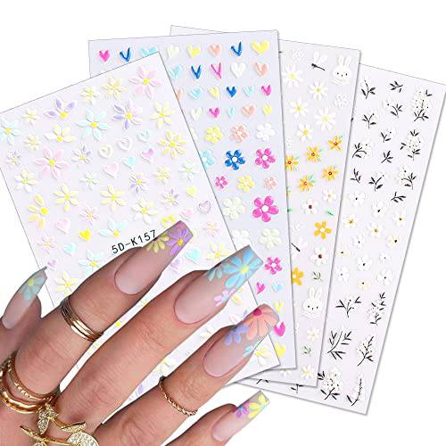 Daisy Nail Art Sticker 5D Exquisite Nail Art Supplies Flower White Floral Nail Decal 3D Self-Adhesive Luxurious Colorful Daisy Exquisite Design Nails for Women and Girls Nail Decorations 4 Sheet