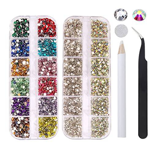 4968Pcs Rhinestones for Nail Art Glass Crystals,6 Size(ss4-ss16) Nail Gems Flatback Rhinestone for Crafts,Jewels Diamonds Stone Kit with Picking Pen and Tweezers(Mixed+WhiteAB)