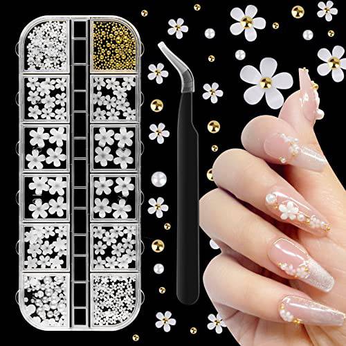 3D Flower Nail Art Charms - Cuttte 3D Flowers for Nails, White Nail Flowers for Acrylic Nails Supply, Nail Charms Nail Decorations for Nail Art with 1 Tweezers, DIY Nails Accessories Flat-back
