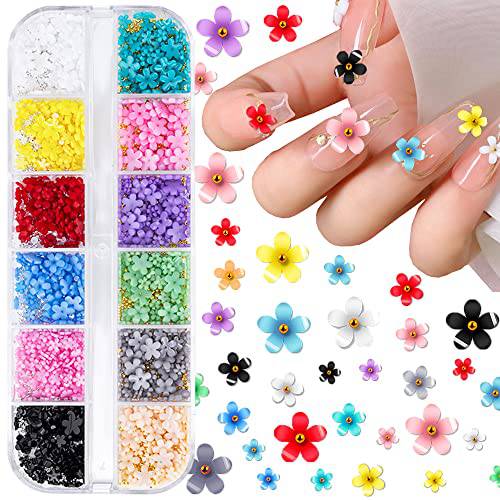 3D Flower Nail Charms, 12Colors 3D Acrylic Flower Nail Rhinestones with Gold Silver Pearl Caviar Beads Spring Small Flores Nail Art Design for DIY Decoration