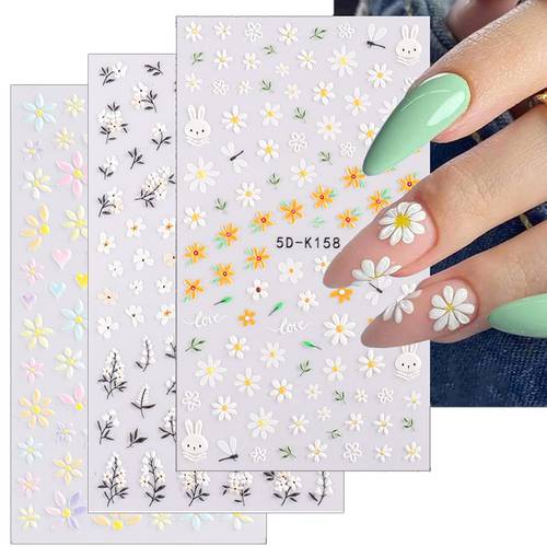 Daisy Embossed Nail Art Stickers, 5D Realistic Spring Flower Nail Decals Summer Nail Decorations Supplies 5D Daisy Leaf Rabbit Cute Design Self-Adhesive Nail Polish Stickers for Women Girls 3 Sheets