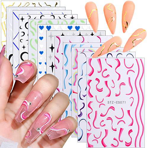 12 Sheets Line Nail Stickers 3D Self-Adhesive Gold Nail Decals, Colorful Wavy Stripe Lines Star Moon Heart Nail Designs French Nail Art Stickers for Women Girls Acrylic Nails Decoration Supplies