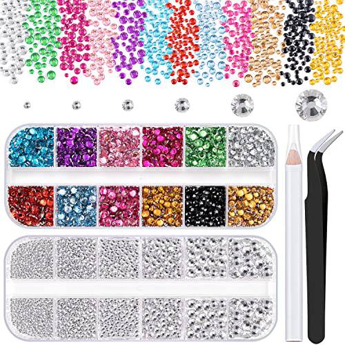 Two Boxes 4520 Pcs of Flatback Round Multiple Color Nail Art Rhinestones Colorful Crystal Kits 12 Colors+Transparent White Rhinestones with Pickup Pencil and Tweezer For Home DIY and Professional Use