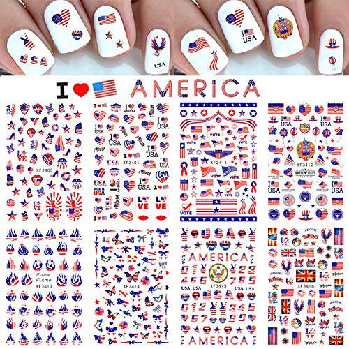 4th of July Nail Art Stickers, USA Independence Day Patriotic Designer Nail Decals 3D Self-Adhesive Acrylic Nail Supply Flame Butterfly Heart Design I Love American Nail Sticker 8 Sheets