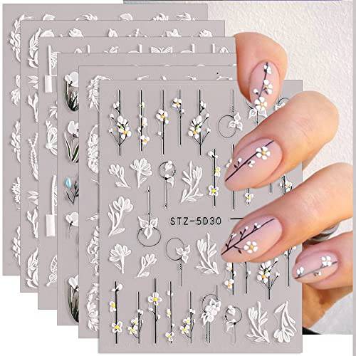 5D Embossed Flowers Nail Stickers for Acrylic Nails, 6 Sheets Engraved Flower Nail Decals Spring Summer Nail Art Accessories French Tips Nail Designs Adhesive Flower Butterfly Nail Stickers for Women