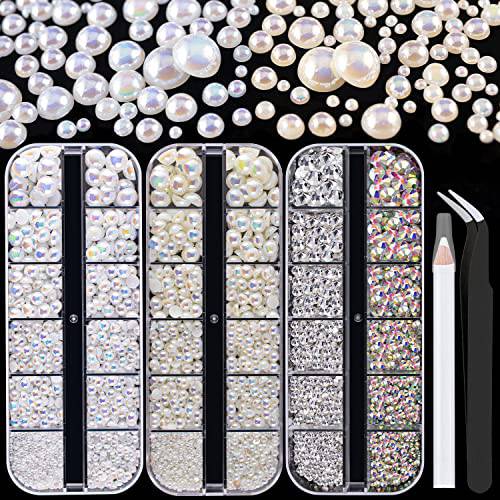4000PCS Flatback Rhinestones and Half Round Pearls Kit 1, Multi Size Glass Clear & AB Crystals, Plastic Flat Back White AB & Beige AB Dome Bead with Pickup Pencil and Tweezer for Nail Art