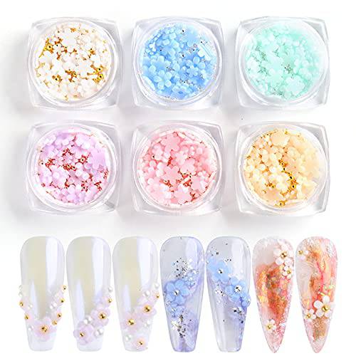 6 Boxes of Light Change 3D Nail Flowers Nail Accessories with Pearls Gold and Silver Caviar for Acrylic Nails Mixed DIY Jewelry Nail Design Accessories Women’s Nail Art Decorative Supplies