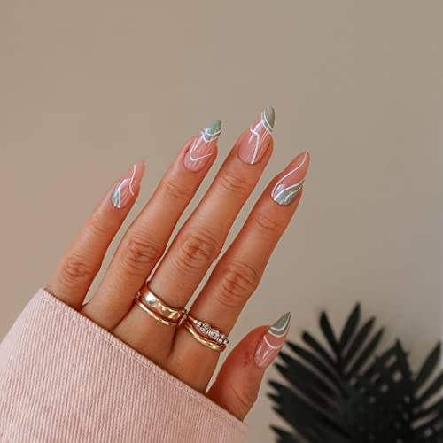 French Tip Press on Nails Medium Length White Swirls Almond Press on Nails Glossy Green Fake Nails Acrylic False Nails Stick Glue on Nails Artificial Fake Nails with Design for Women 24PCS