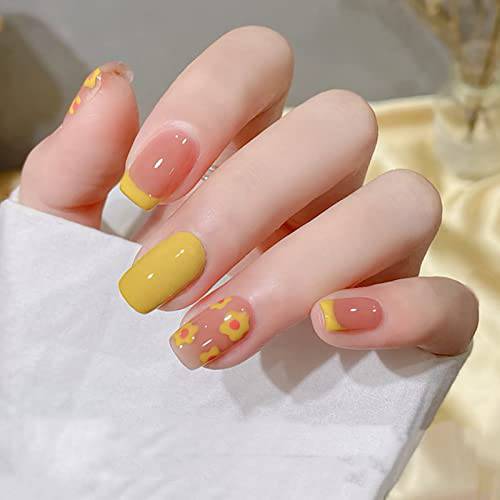 IMSOHOT 24Pcs Yellow Press on Nails Short Square Fake Nails Flower False Nails Squoval Glue on Nails Glossy Full Cover Acrylic Nails for Women