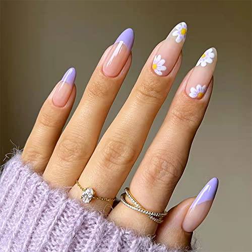 Flower Press on Nails Medium Length Fake Nails Purple Flower with Nail Glue French Artificial Acrylic Full Cover False Nails Spring Summer Stick on Nails for Women Girls Acrylic Nail Tips 24Pcs