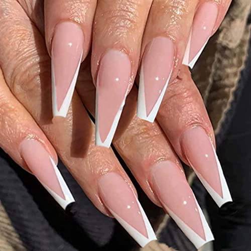 Outyua French Tips Press on Nails Coffin Glossy False Nails with Designs Pink Extra Long Fake Nails Ballerina Acrylic Cute Nails for Women and Girls 24Pcs (French)