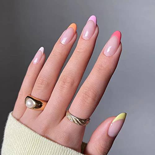 French Press on Nails Medium Length Almond Fake Nails French Rainbow Full Coverage Design Nail Art Supplies Acrylic Nails for Elegant Women and Girls 24 Pcs