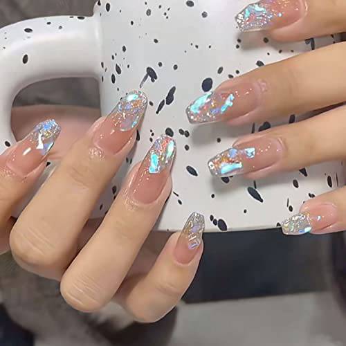 Press on Nail Fake Nails with Glittering Rhinestone Luxury Nude Ombre Ballerina Long Coffin False Tips Artificial Finger Manicure for Women Girls