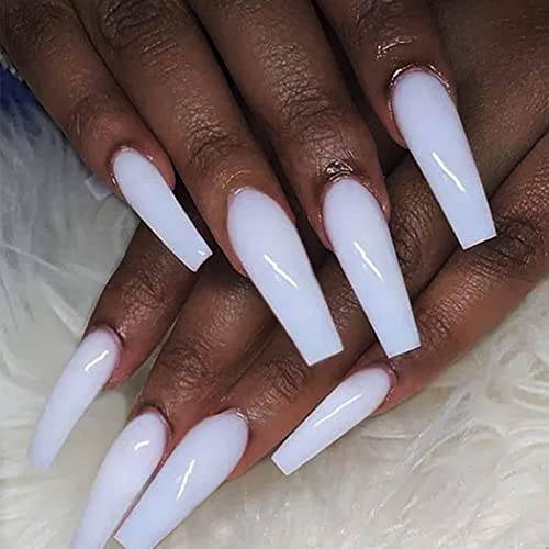 Outyua Coffin Fake Nails Glossy Press on Nails Ballerina Acrylic Super Long False Nails Designer Full Cover Nails with design for Women and Girls 24Pcs (White)