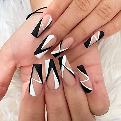 YOSOMK Press on Nails Medium Length Stitching Color Coffin Fake Nails Full Cover Matte Stick on Nails with Designs Acrylic Nails for Women