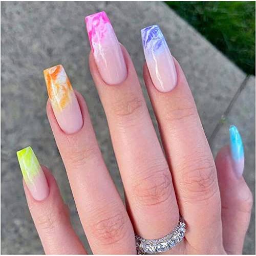 Sither 24 Pcs Press on Nails Medium Ripple Pattern Coffin Fake Nails Rainbow Glue on Nail for Women Girls Nail Art Gift on Halloween Christmas Party (style 5)