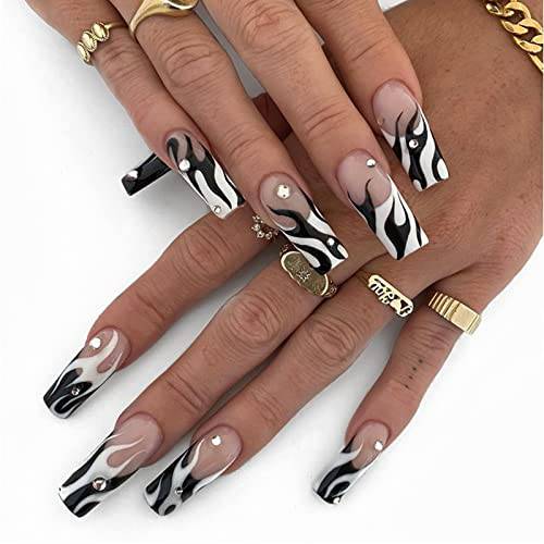 YOSOMK Long Press on Nails Coffin Fake Nails Glossy Stick on Nails Full Cover Glue on Nails Ballerina False Nails with Rhinestones Designs Acrylic Nails for Women