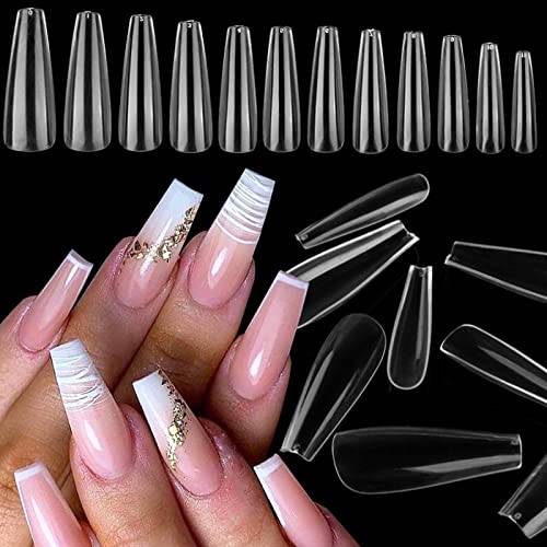 LoveOurHome 600pc Professional Coffin Acrylic Nails Tips Soft Gel Long Ballerina Fake Nails Clear Full Cover Nail Extension False Nails Manicure Decor (Coffin)
