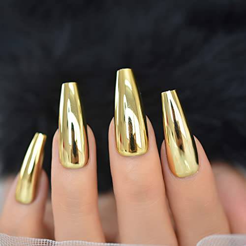 Metallic Coffin Nail Tips Extra Long False Press On Fake Nails Gold Chrome Mirror Punk Rock Full Cover Fingernail Decorations 24pcs/Set