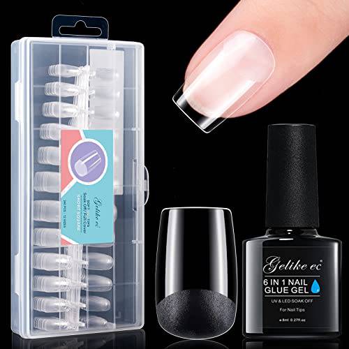 Gelike EC Soft Gel Full Cover Tips Kit with 240Pcs Clear Short Square Soft Gel Tips and 6 in 1 Nail Glue Gel