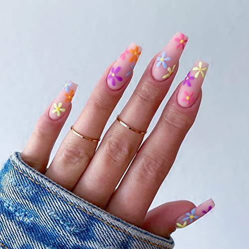 Daisy Press on Nails Long Exquisite Fake Nails French Ballet Colorful Daisy Elegant Design Acrylic Nails for Women and Girls 24 Pcs