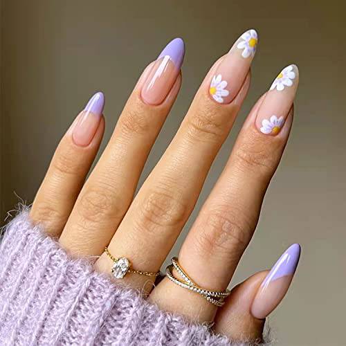 Daisy Press on Nails Medium Length Fake Nails Acrylic Nails Exquisite Purple Daisy Flowers Full Coverage Design for Women and Girls 24 Pcs