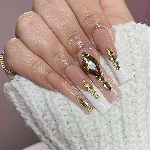RikView Long Press on Nails French Fake Nails with 3D Rhinestones Luxury Coffin Acrylic Nails White & Nude Nails