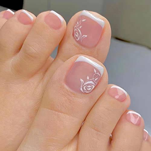 Press on Toenails Short French False Toenails with White Flower Design Natural Artificial Nail Tips Square Fake Toe Nails with Nail Glue Summer Beach Full Cover Toenails for Women and Girls 24PCS