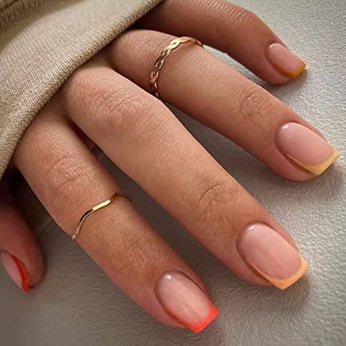 24PCS Press on Nails Short French Tip Fake Nails Glossy Coffin Press on False Nails with Design Full Cover Ballerina Acrylic Nails Press on, Glue on Nails for Women Girls DIY Manicure Decorations