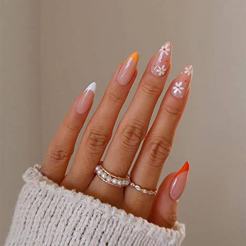 Press on Nails Medium Flower Fake Nails Almond Glue on Nails Glossy Coffin Press on False Nails with Design Acrylic Oval Nail Tips Full Cover Stick on Nails for Women Girls Manicure Nail Decorations