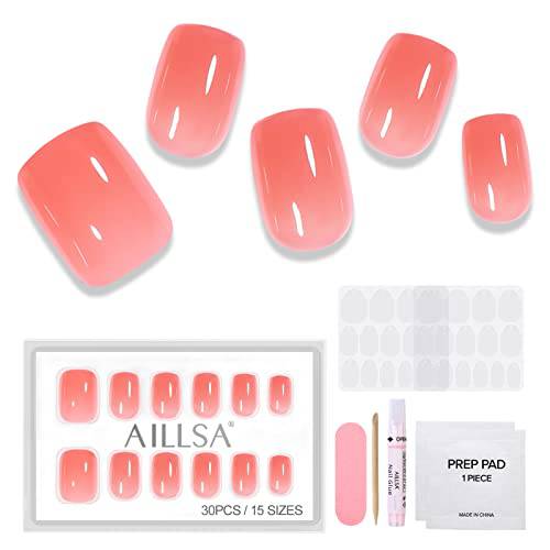 AILLSA Press on Nails Short - Square Shape Fake Nail Made by Soft Gel Lightweight & Comfortable Reusable, Glue on Nails Short 15Sizes 30Pcs Gel Press on Nail Kit with Glue, Grapefruit