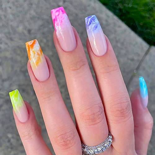 YOSOMK Colorful French Tip Press on Nails Long with Designs Pink Rainbow False Fake Nails Press On Coffin Artificial Nails for Women Stick on Nails With Glue on Static nails