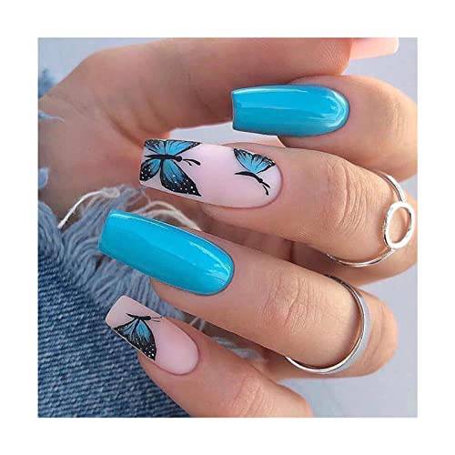 24Pcs Press on Nails Long French Blue Butterfly Gel Fake Nail Set, Reusable Girls’ Manicure Set Including Jelly Glue, Nail File, Cuticle Stick.