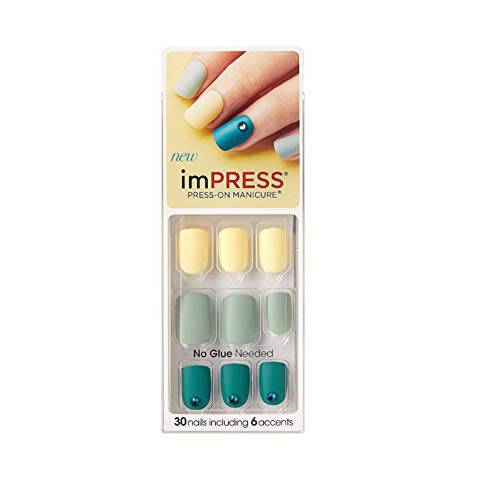 Kiss imPress Press-On Manicure Matte Green & Yellow Short Length Nails 81485