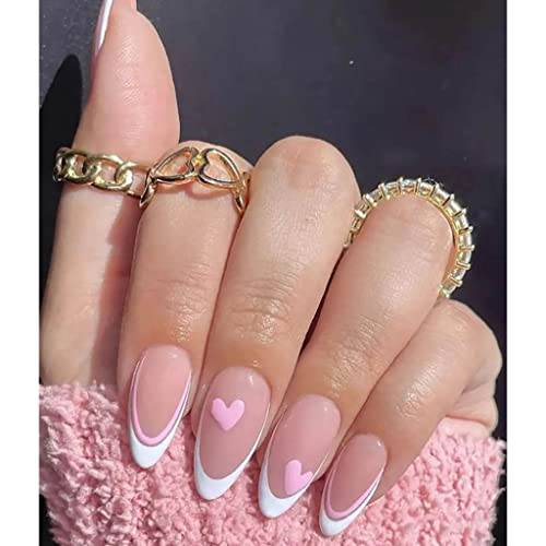 RikView French Press on Nails Medium Length Acrylic Nails Almond Fake Nails White & Pink Nails with Heart Design